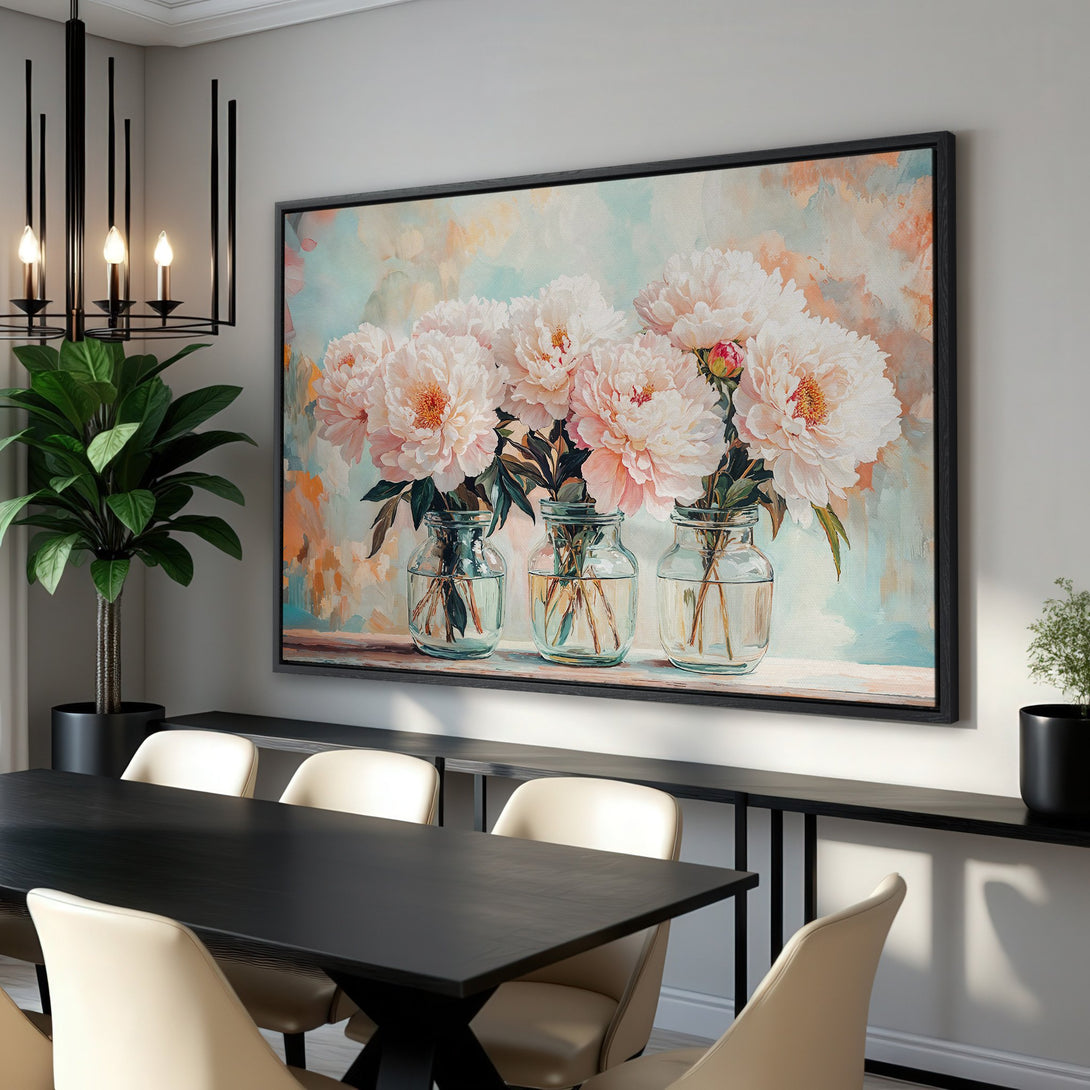 Framed Wall Art: Stunning peony Canvas Print in a modern interior. Soft pastel colors and an elegant floral design perfect for home decor.