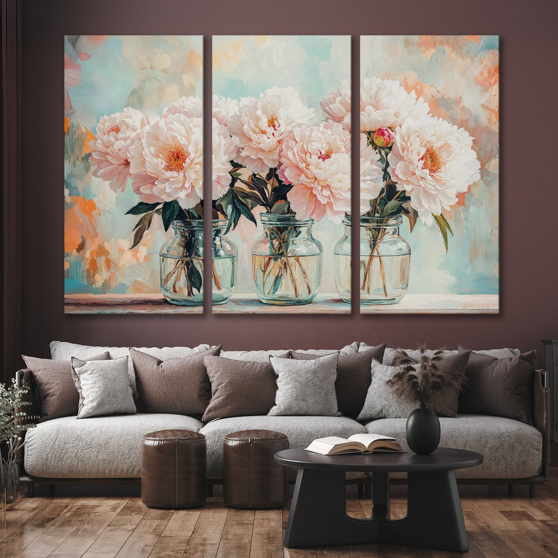 Canvas Print of elegant peony flowers in vases, painted in a soft, impressionistic style with a pastel color palette of pink, white, and teal.