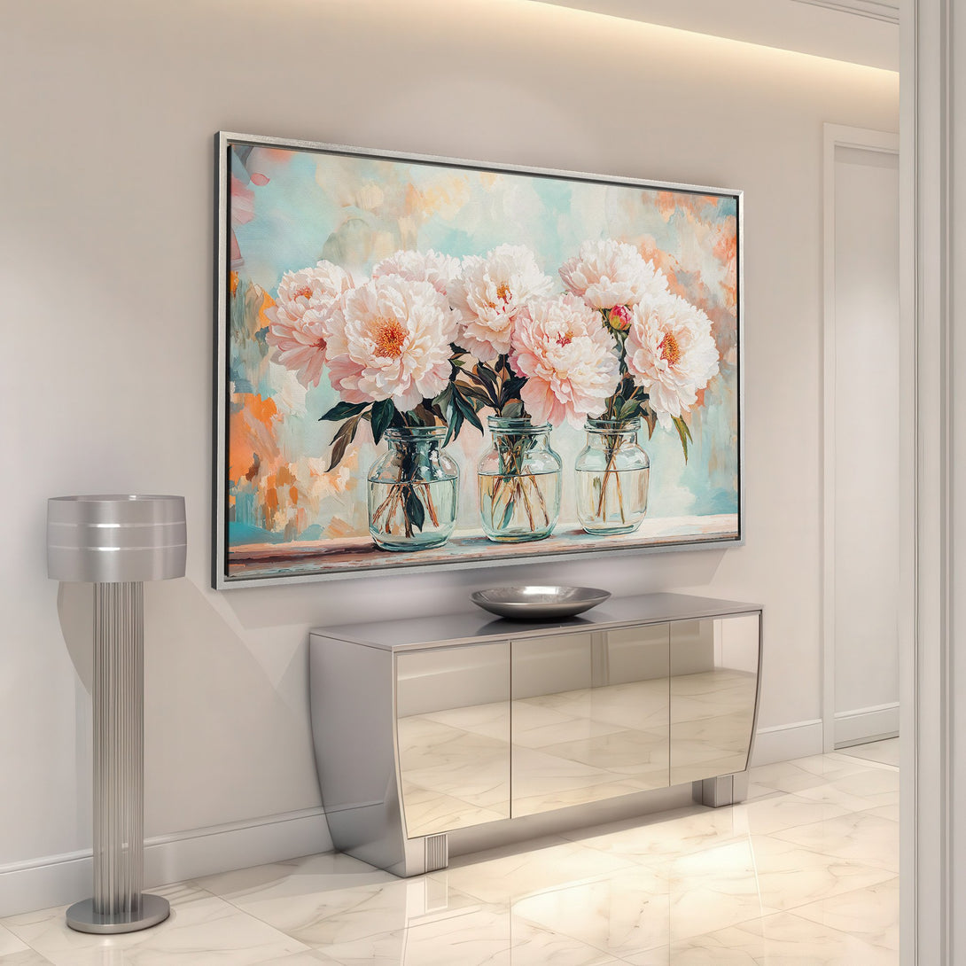 Framed Wall Art featuring a floral painting of peonies in soft pastel colors. Perfect for adding elegance to any interior.
