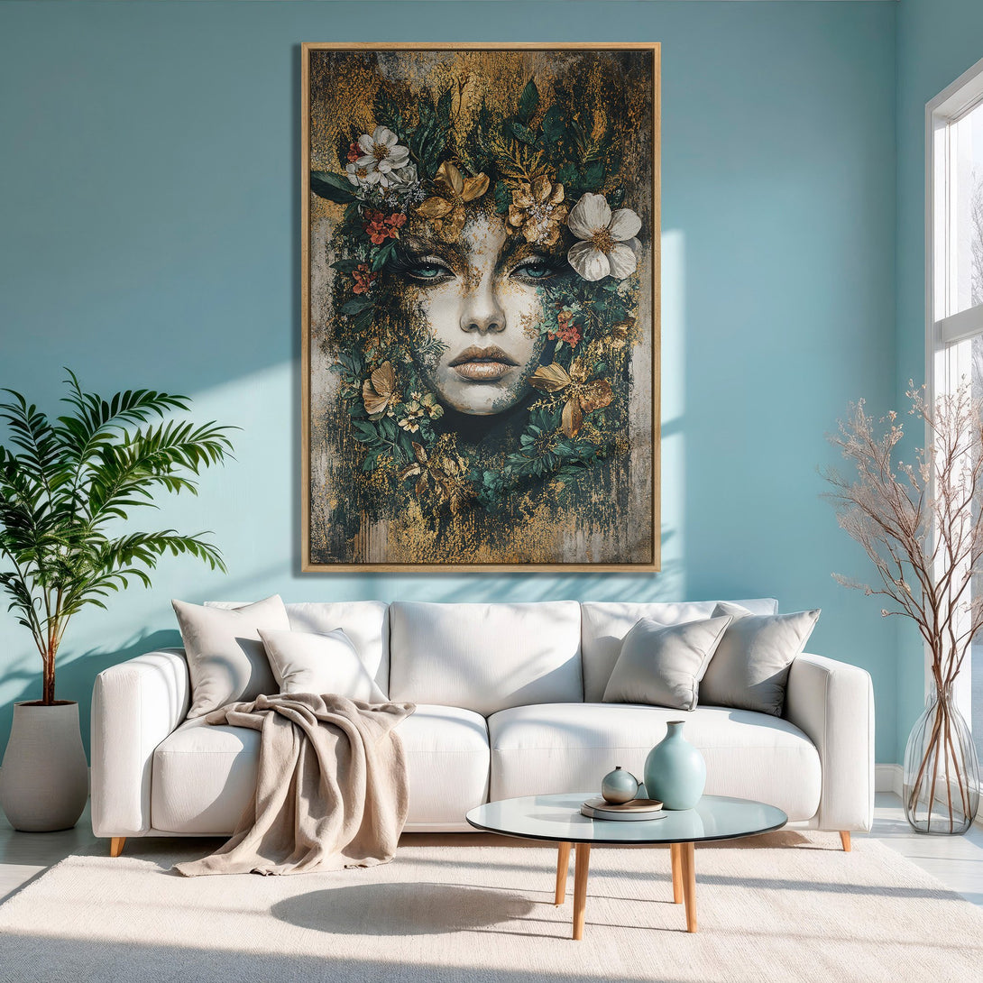 Framed Wall Art featuring a woman's face with floral crown, in gold, green, and white tones. Modern art perfect for living room decor.