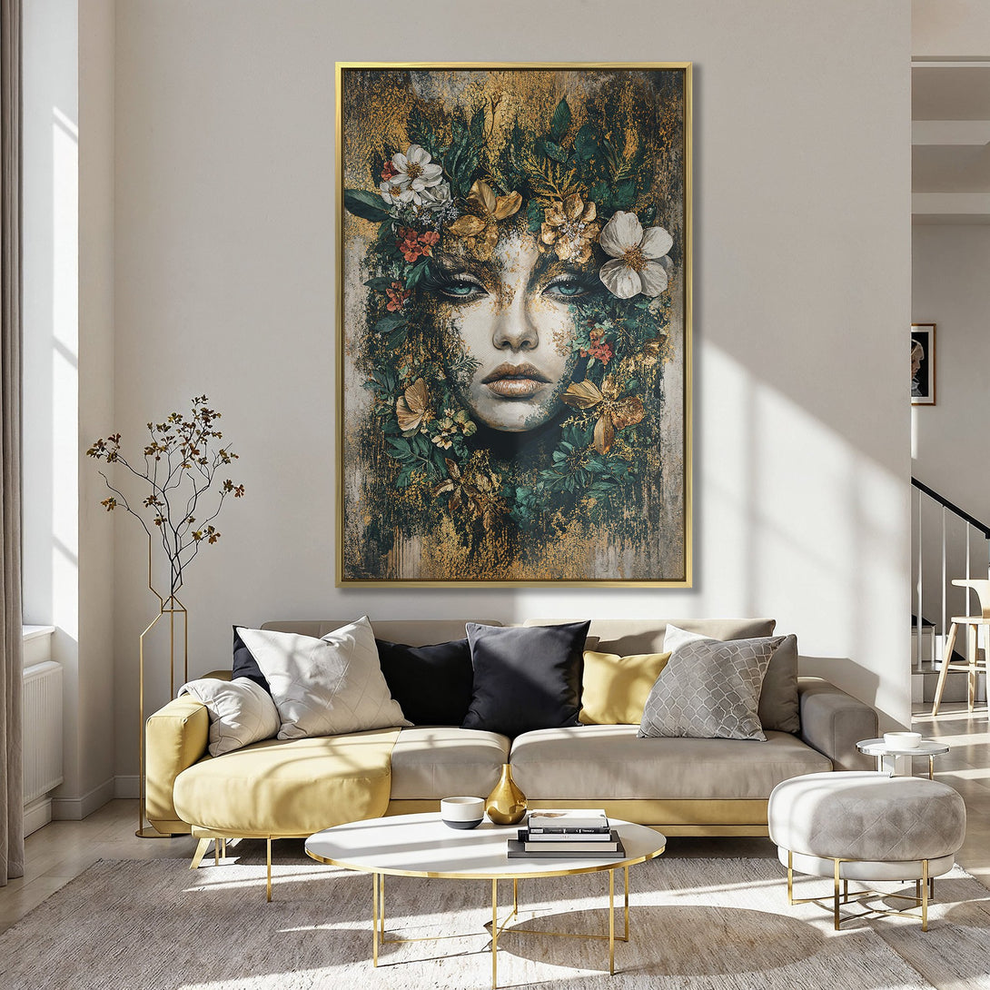 Canvas Print of a woman's face with floral elements, featuring a gold, green, and neutral color palette. Perfect for adding art to your home.