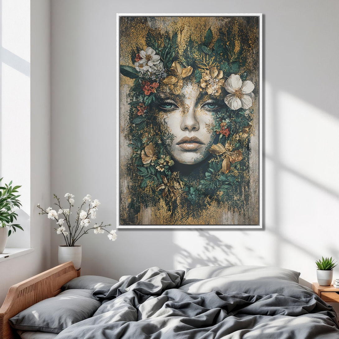 Framed Wall Art: Stunning portrait of a woman with floral crown. Earthy tones with gold accents create a luxurious and artistic canvas print for your home.