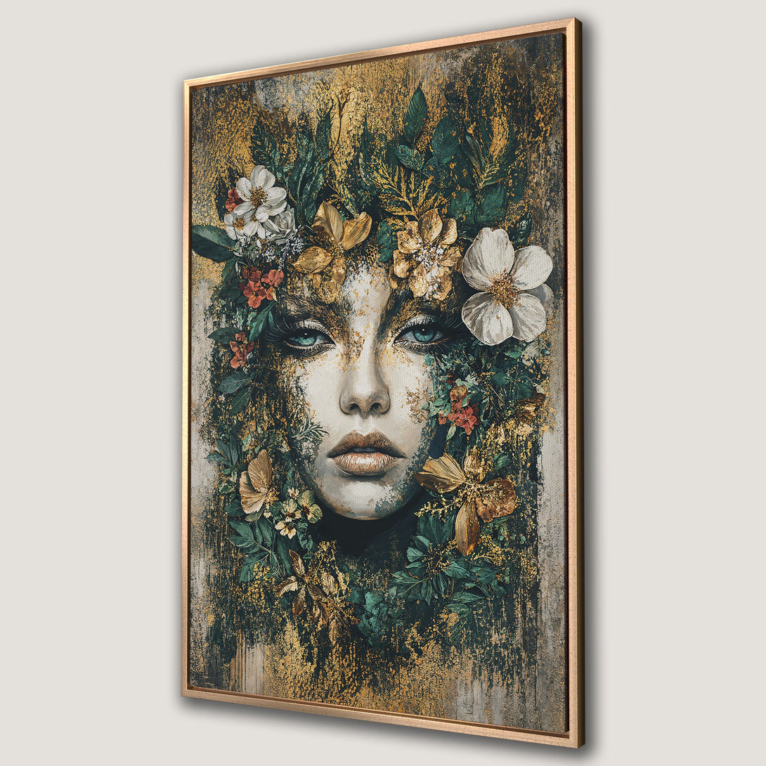 Framed Wall Art: Stunning portrait of a woman with floral crown. Artistic style with gold, green, and white color palette. Perfect for adding elegance to any space.