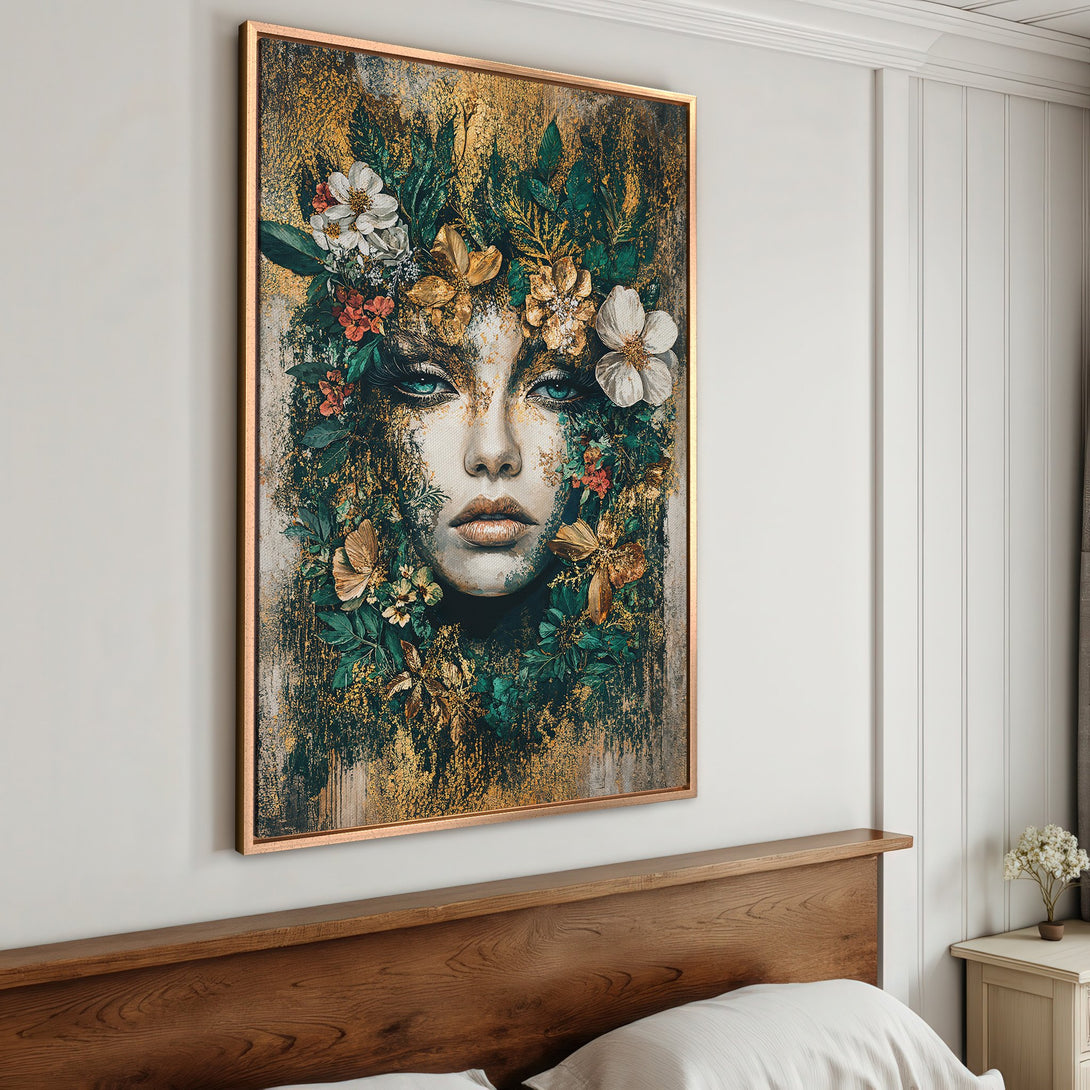 Framed Wall Art: Stunning floral face portrait. Green, gold, and white color palette. Adds elegance to any room. Perfect for bedroom decor.