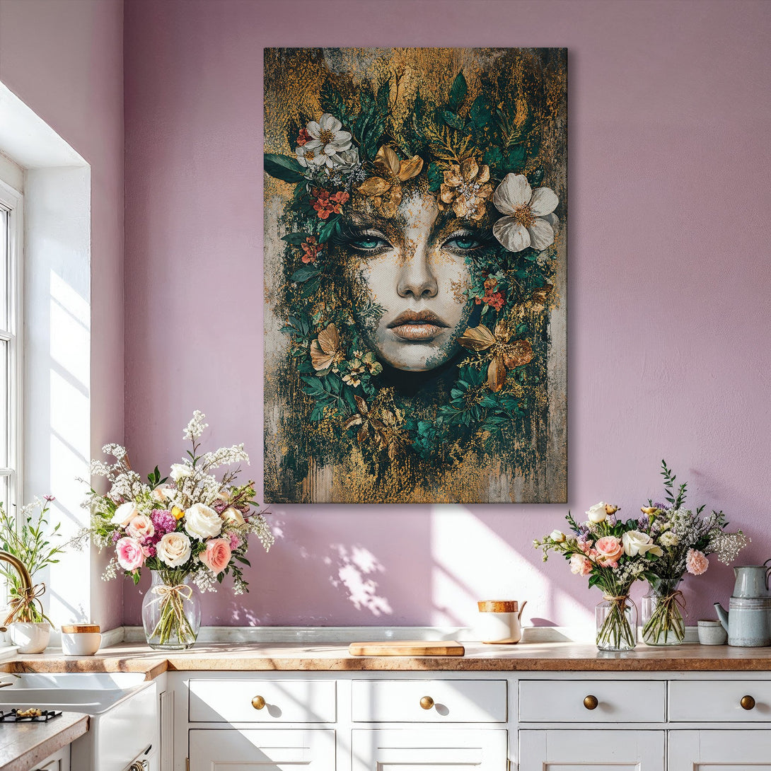 Framed Wall Art featuring a woman's face with floral crown, in a gold and green color palette, adding an elegant touch to a modern living room.