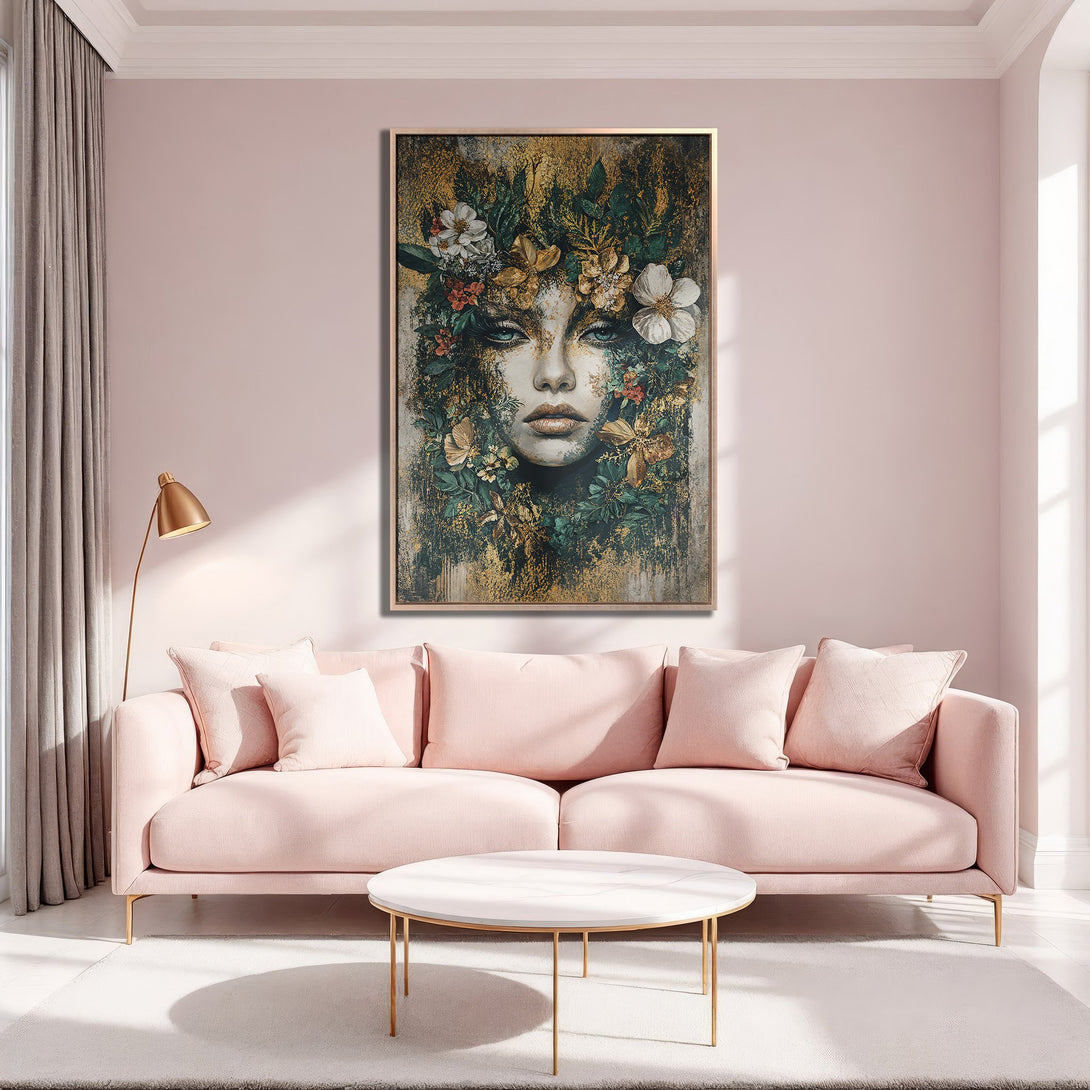 Framed Wall Art featuring a woman's face with floral crown, in gold, green, and blush tones. Perfect for adding a touch of elegance to your home.
