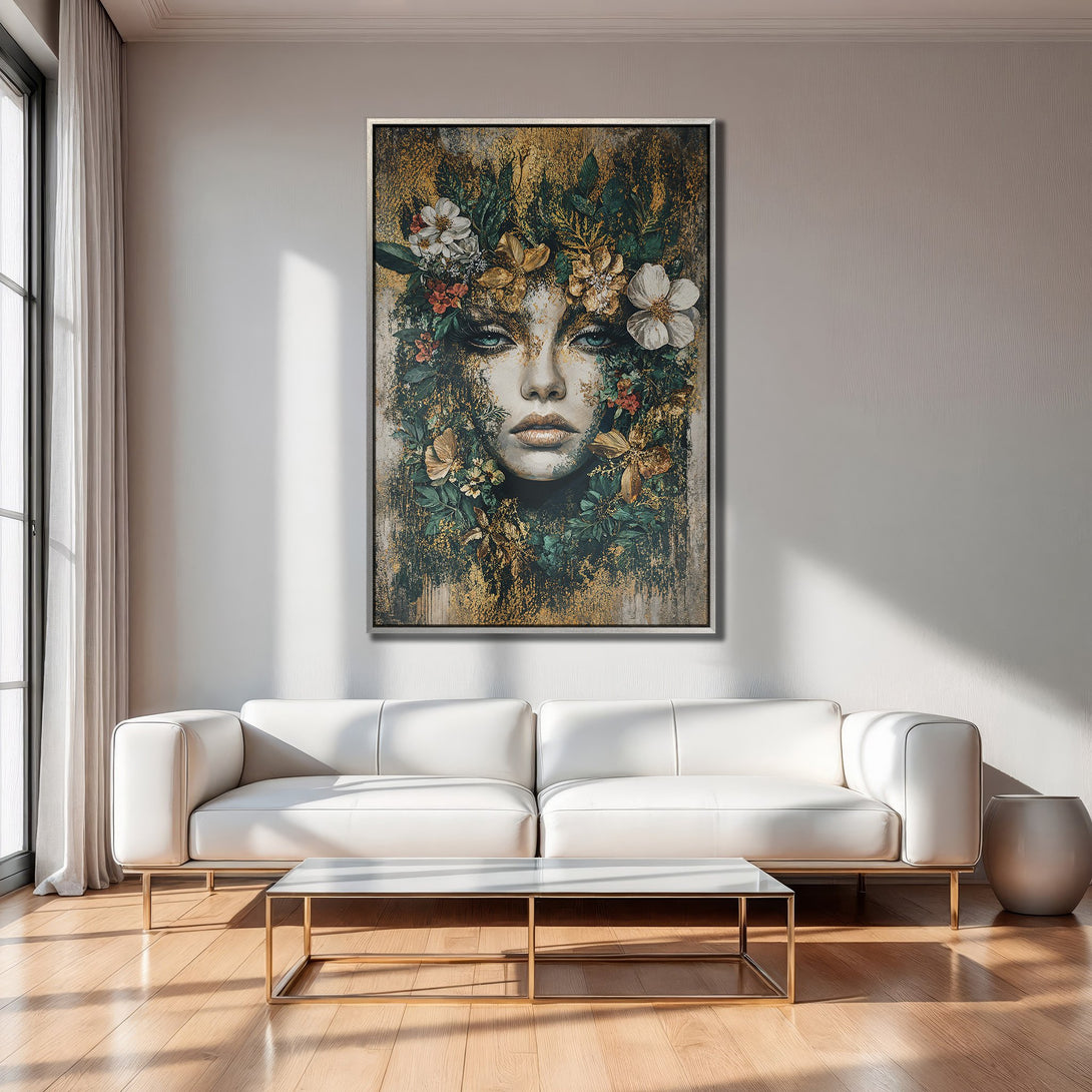 Framed Wall Art: Stunning portrait of a woman with floral crown, in a gold, green, and white color palette. Perfect for adding elegance to your home decor.