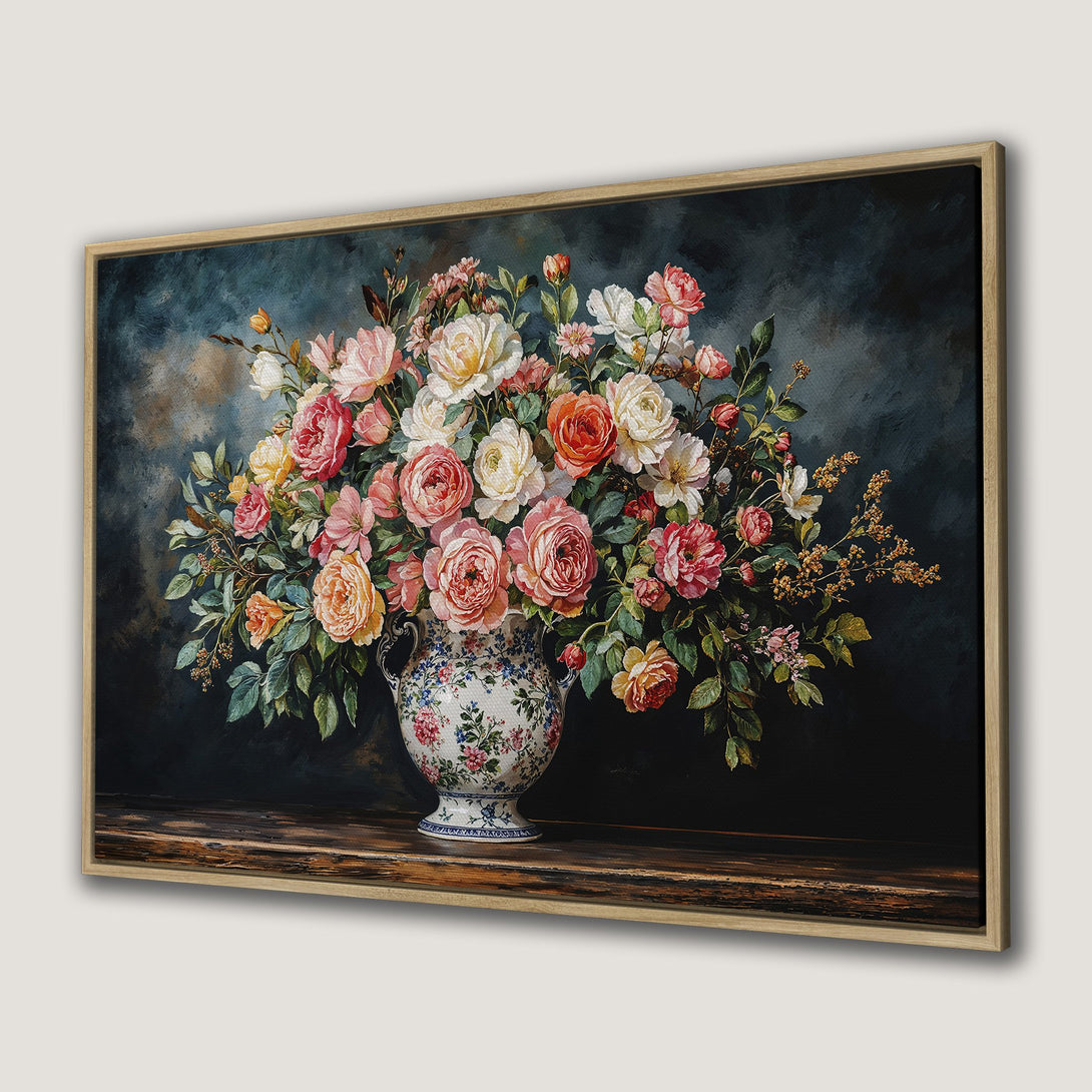 Framed Wall Art featuring a vibrant floral still life painting. Romantic style with warm pink, orange, and white blooms against a dark, moody background.