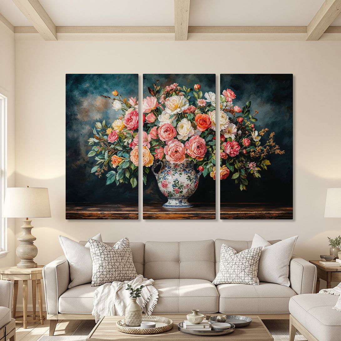 Canvas Print of a floral still life, featuring a vibrant bouquet in a vase. Romantic style with a warm, colorful palette.