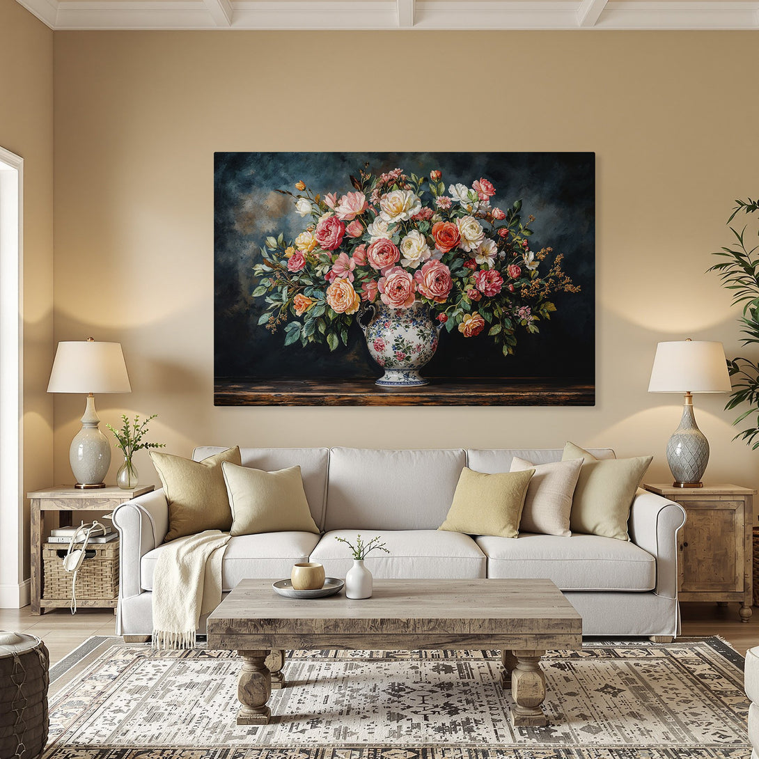 Framed Wall Art: Elegant floral canvas print with a vintage style. Features a vibrant bouquet in a vase, with a warm color palette of pinks, oranges, and greens.