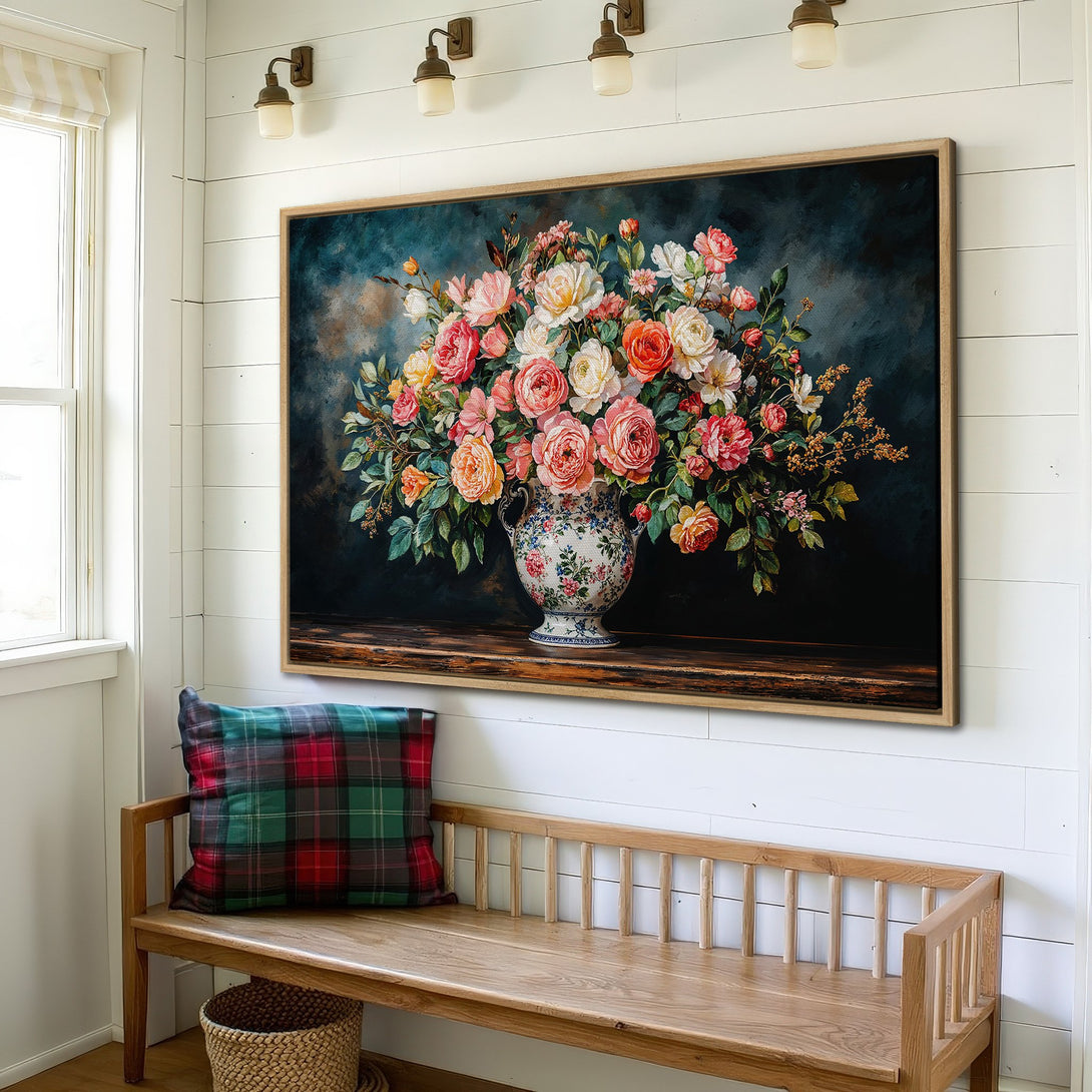 Framed Wall Art: Floral still life Canvas Print with a vintage aesthetic, featuring a vibrant bouquet in a warm, romantic color palette. Perfect for home decor!