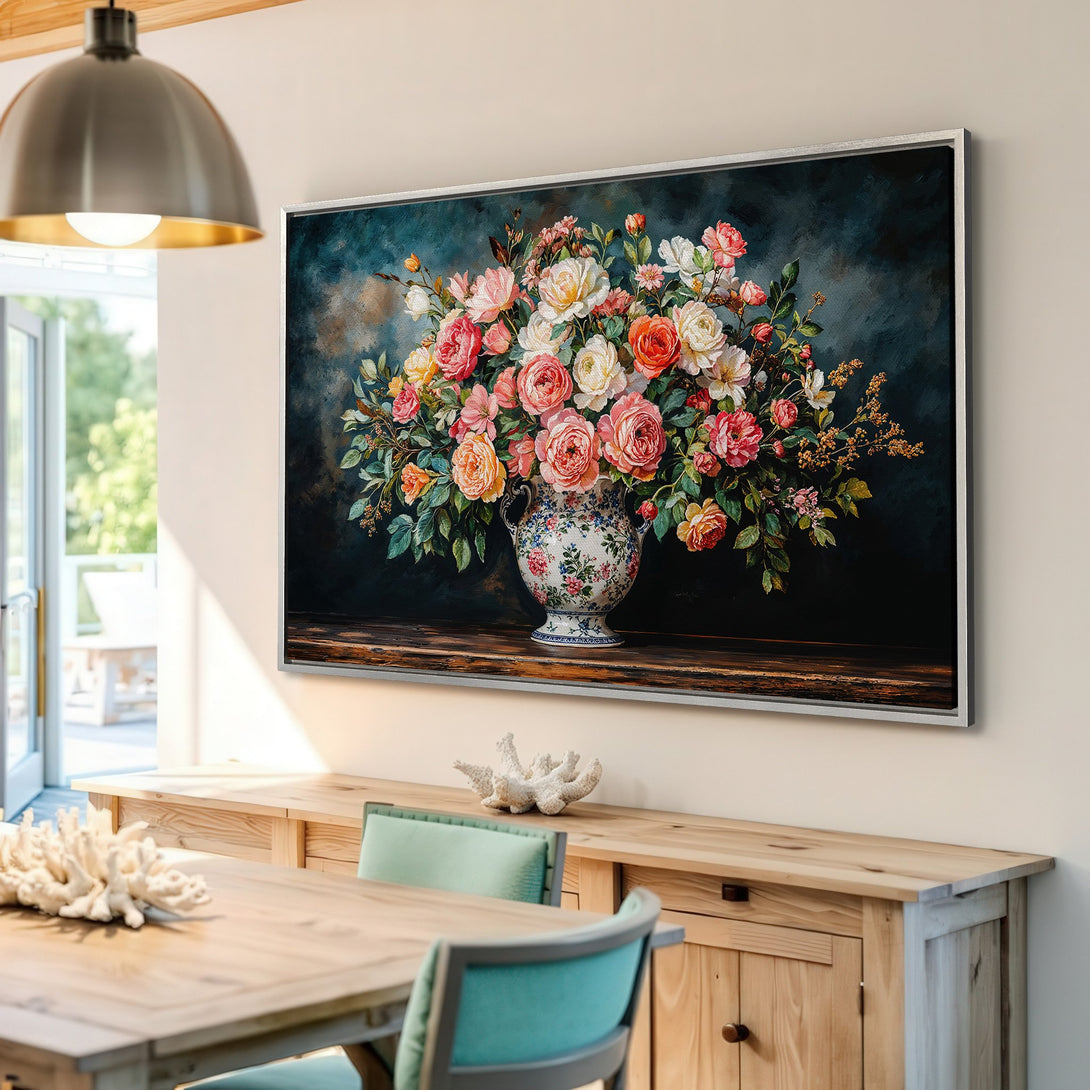 Framed Wall Art featuring a vibrant floral still life. Classic style with a rich color palette of pink, orange, and teal. Perfect for adding elegance to any space.