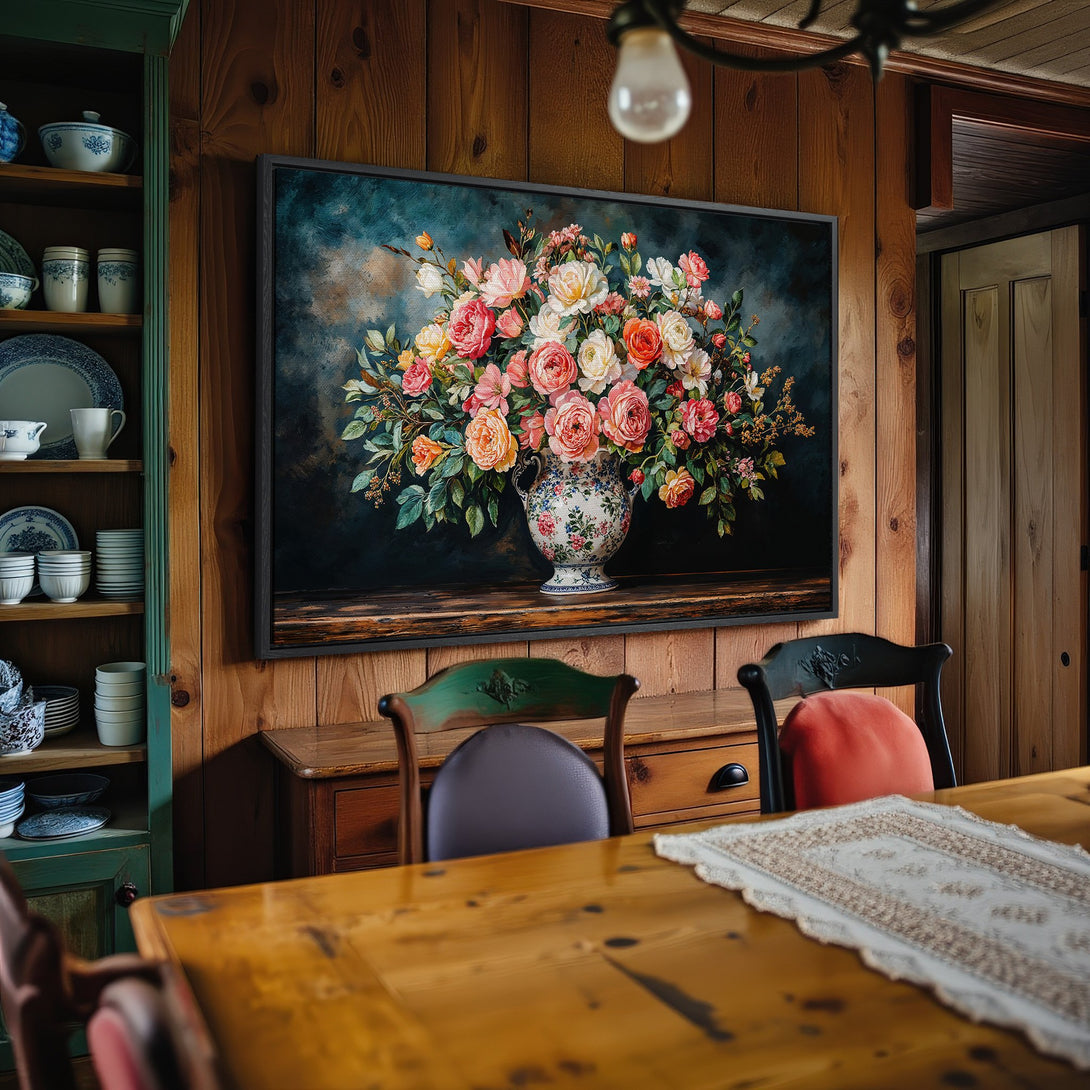 Framed Wall Art: Stunning floral still life Canvas Print with a romantic, vintage style. Features a warm, inviting color palette of roses and greens.