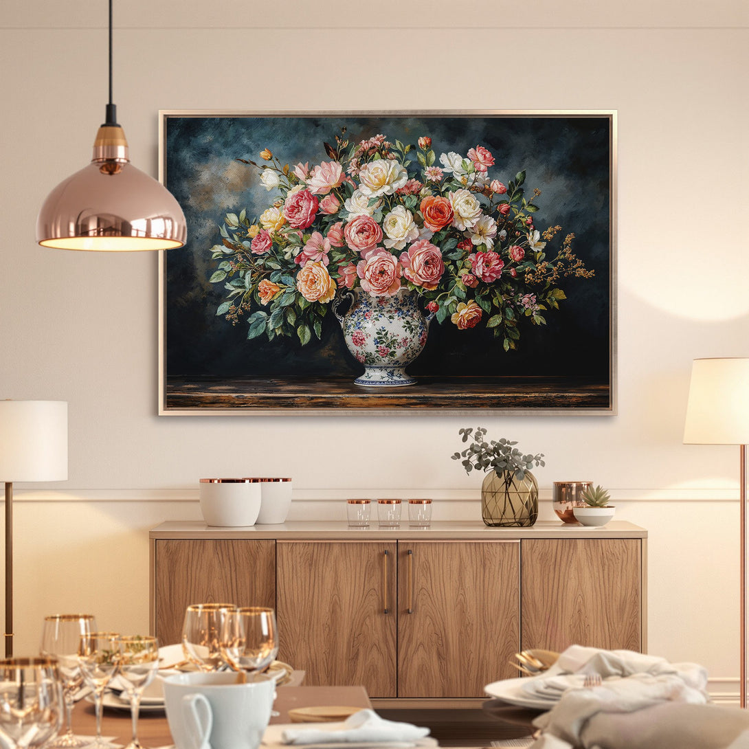 Framed Wall Art: Elegant floral arrangement Canvas Print in a dining room. Features a vintage style with a warm color palette.