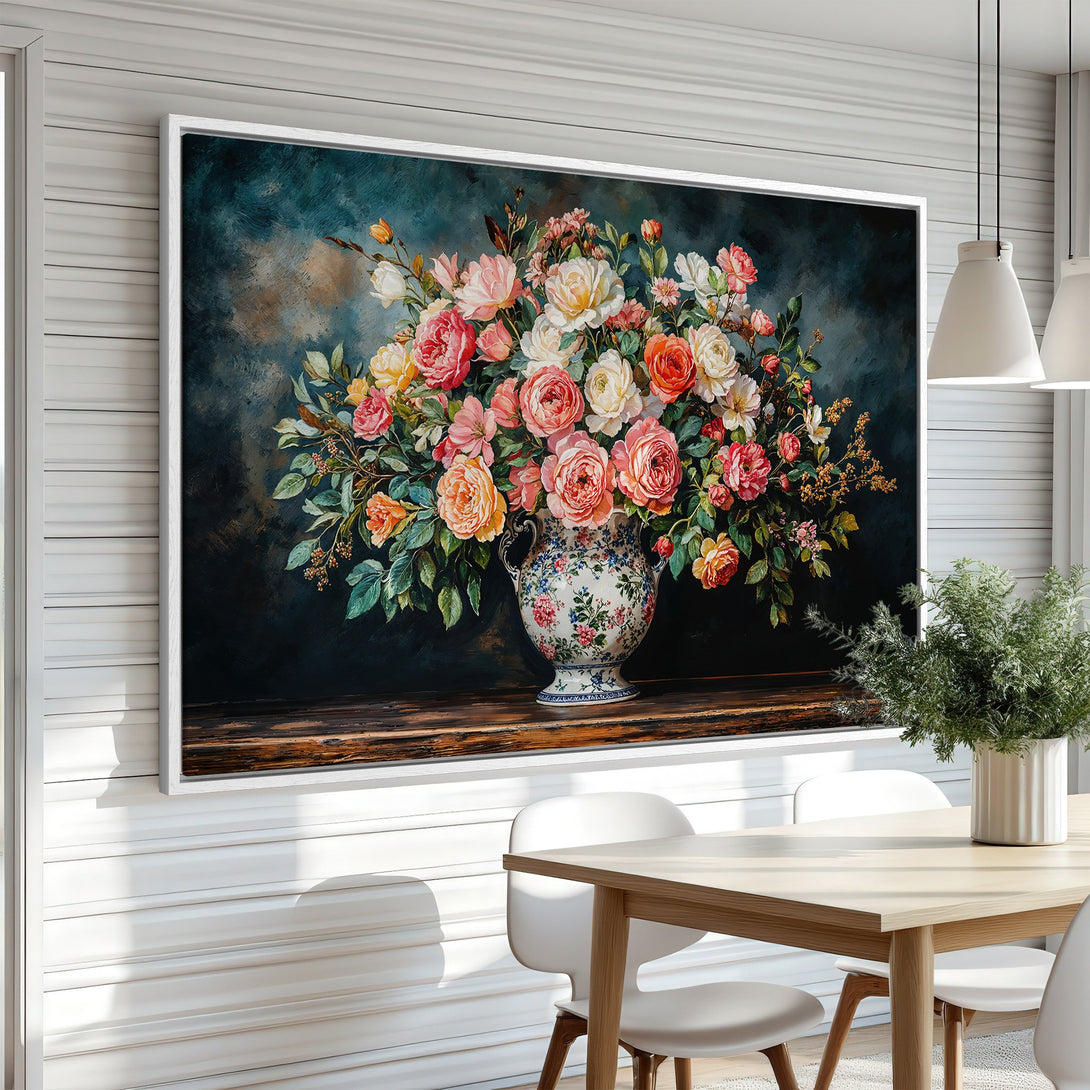 Framed Wall Art: Stunning floral Canvas Print in a classic style with a rich color palette of pink, orange, and deep teal. Perfect for any room!