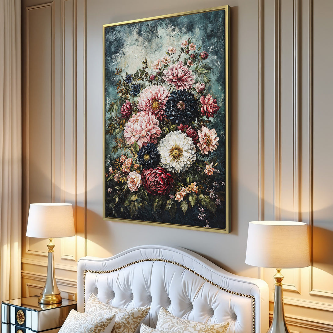 Canvas Print featuring a vibrant floral bouquet in a vintage style. Rich reds, pinks, and blues create a stunning focal point for any room.