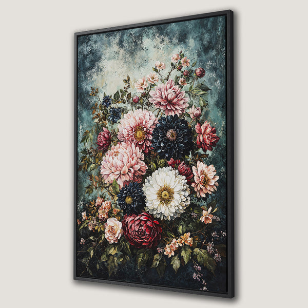 Framed Wall Art featuring a stunning floral bouquet in a vintage style. The artwork showcases a rich color palette of pinks, reds, blues, and greens. Perfect for adding elegance!