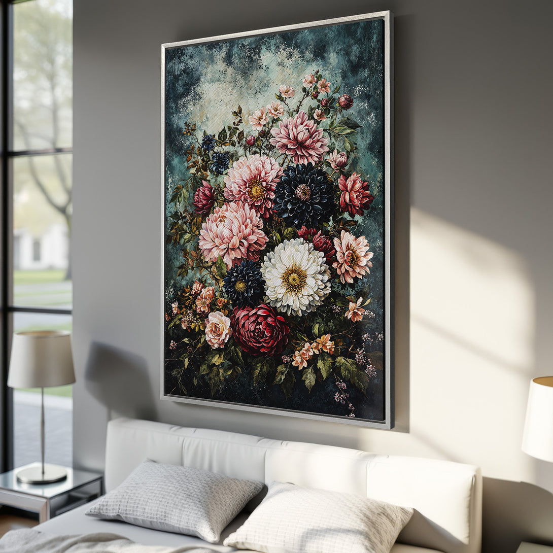 Framed Wall Art: Stunning floral Canvas Print with a vintage style. Features a rich, dark teal background with pink, red, and white flower blooms. Perfect bedroom decor!