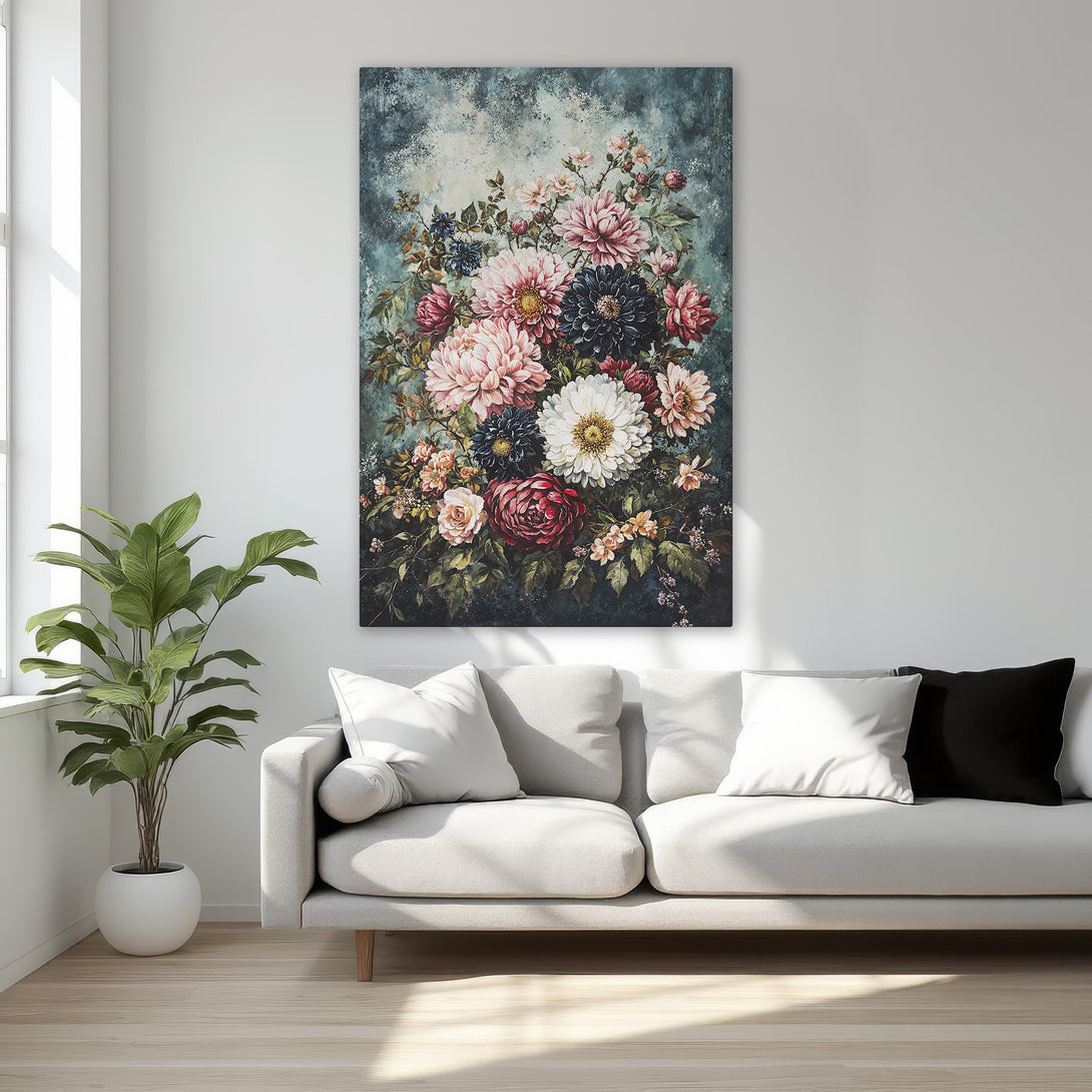Framed Wall Art featuring a floral bouquet in a vintage style. The canvas print showcases a moody color palette of pinks, blues, and greens, perfect for elegant interiors.