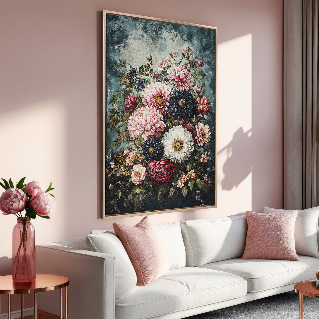 Framed Wall Art: Elegant floral canvas print in a moody, vintage style. Features a stunning bouquet in pink, teal, and burgundy tones, perfect for home decor.