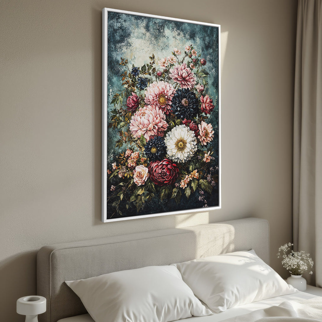 Framed Wall Art: Stunning floral Canvas Print in a bedroom. Beautiful watercolor style with pink, blue, and green hues. Perfect for adding elegance to your space.