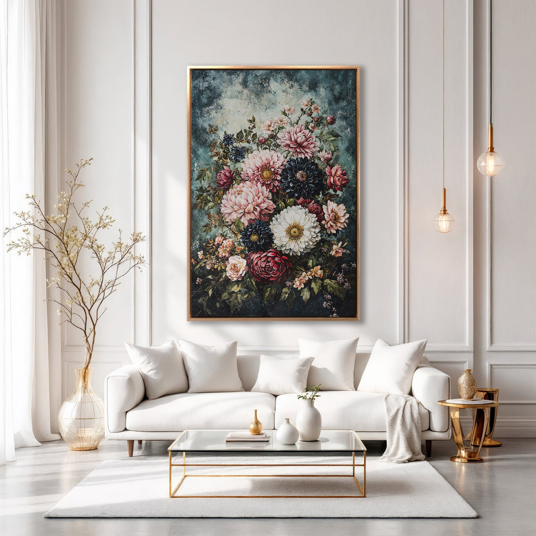 Framed Wall Art featuring a floral bouquet in a vintage style, with a dark teal and blush color palette. Elevate your space with this elegant canvas print.