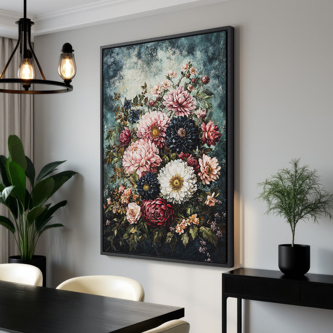 Framed Wall Art: Elegant floral Canvas Print in a moody, vintage style with a teal and blush color palette. Perfect for adding sophistication to any room.