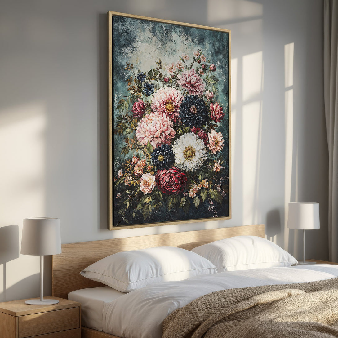 Framed Wall Art: Elegant floral Canvas Print in a bedroom. Features a vintage-style bouquet with pink, red, and dark blue blooms on a teal background. Perfect for home decor.