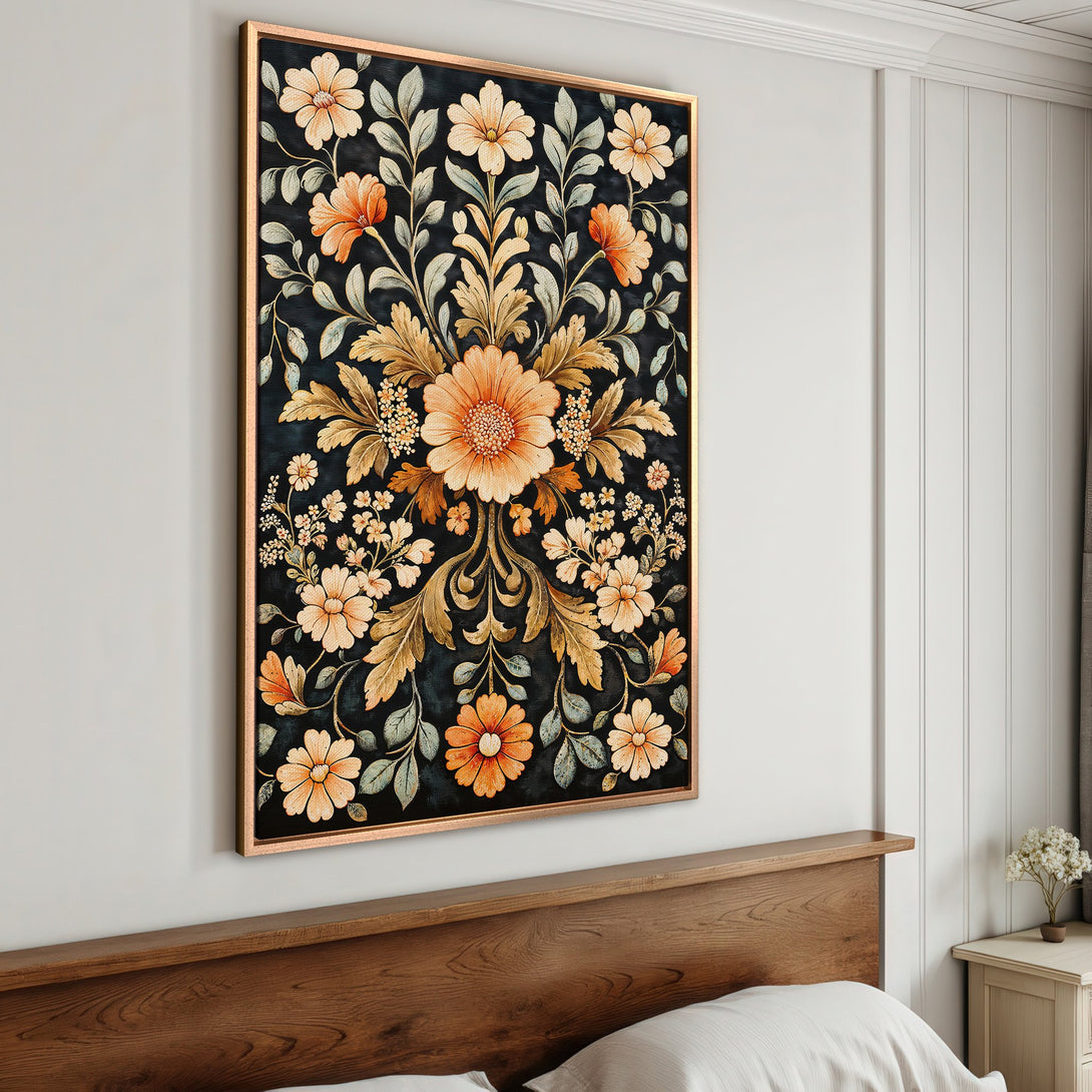 Framed Wall Art featuring a floral design in warm orange and gold tones on a dark background, perfect for adding elegance to any room.