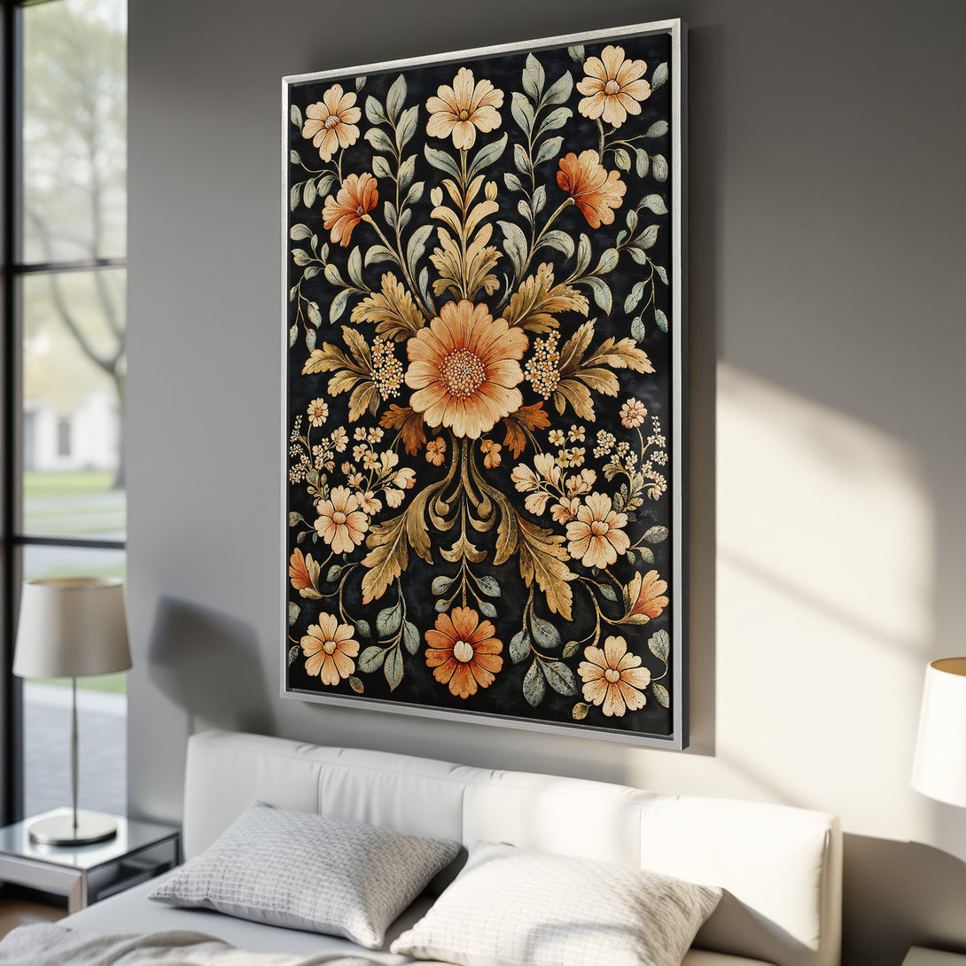 Framed Wall Art featuring a floral design in a vintage style, with a warm color palette of orange, gold, and green on a black background. Perfect for bedroom decor!