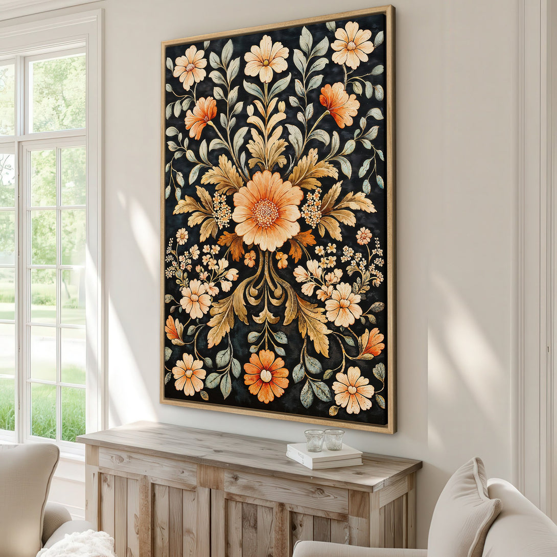 Framed Wall Art featuring a floral design with a dark background, showcasing a warm orange and gold color palette, perfect for home decor.