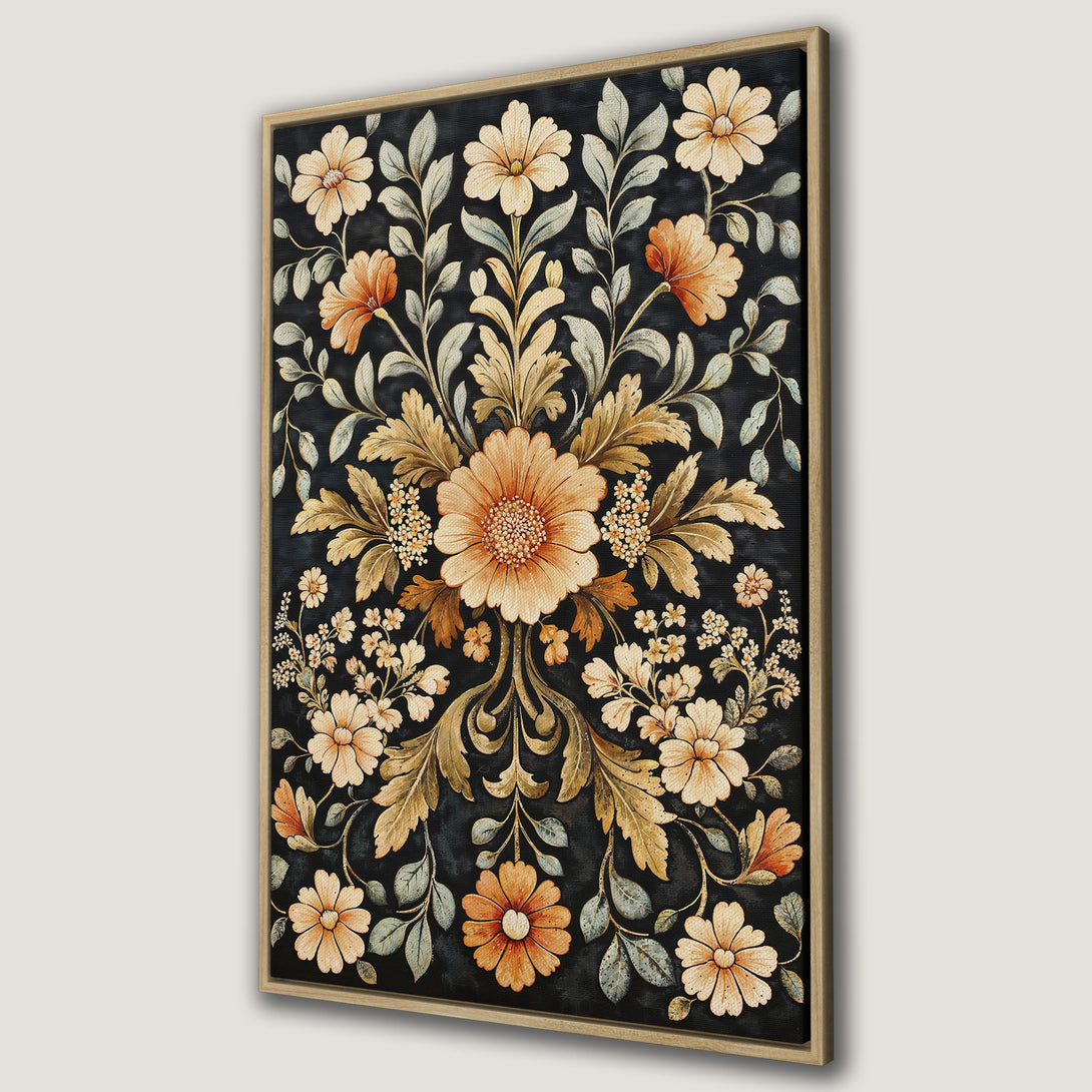 Framed Wall Art featuring a floral design in a vintage style. The artwork showcases a dark background with orange and gold flowers. Perfect wall decor!
