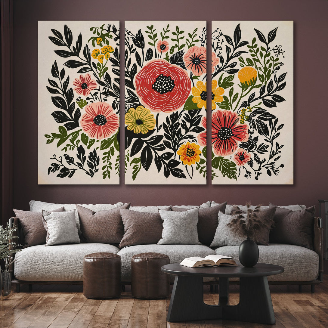Canvas Print: Bold floral triptych art in a modern, minimalist style. Features red, yellow, and black blooms on a neutral background. Perfect wall decor!