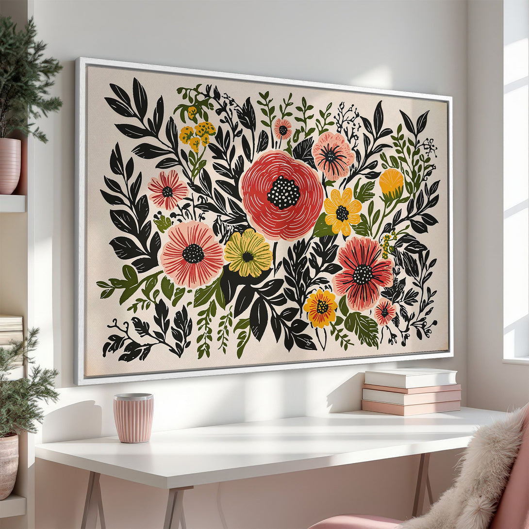 Framed Wall Art featuring a bold floral print in red, yellow, and green with a neutral background. Perfect for adding a pop of color to any room.