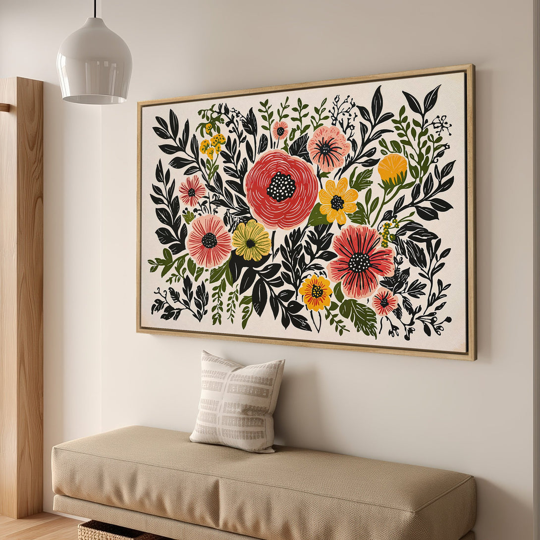 Framed Wall Art: Vibrant floral canvas print in a modern, folk-art style. Features red, yellow, and green flowers on a neutral background.
