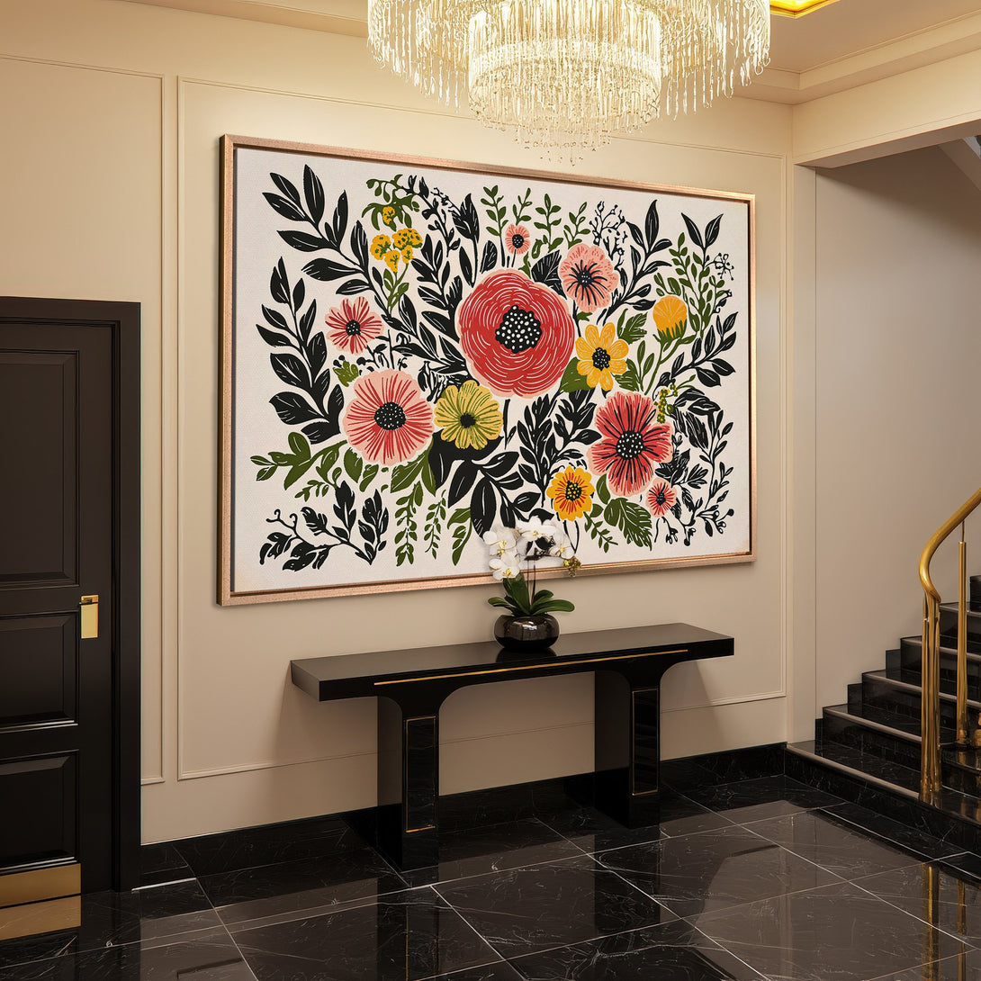 Framed Wall Art: Floral Canvas Print in entryway. Bold red, yellow, and black flowers on a white background. Modern art for home decor.