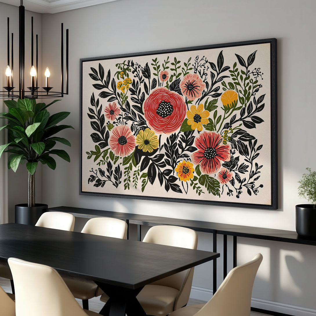 Framed Wall Art featuring a vibrant floral design in red, yellow, and green. Modern botanical style canvas print adds a pop of color to any interior.