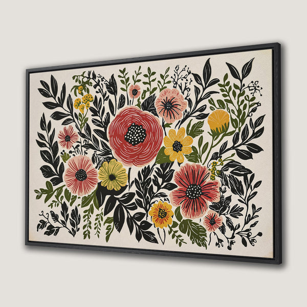 Framed Wall Art featuring a floral design in a folk art style. Bold red, yellow, and pink flowers with black leaves on a neutral background.
