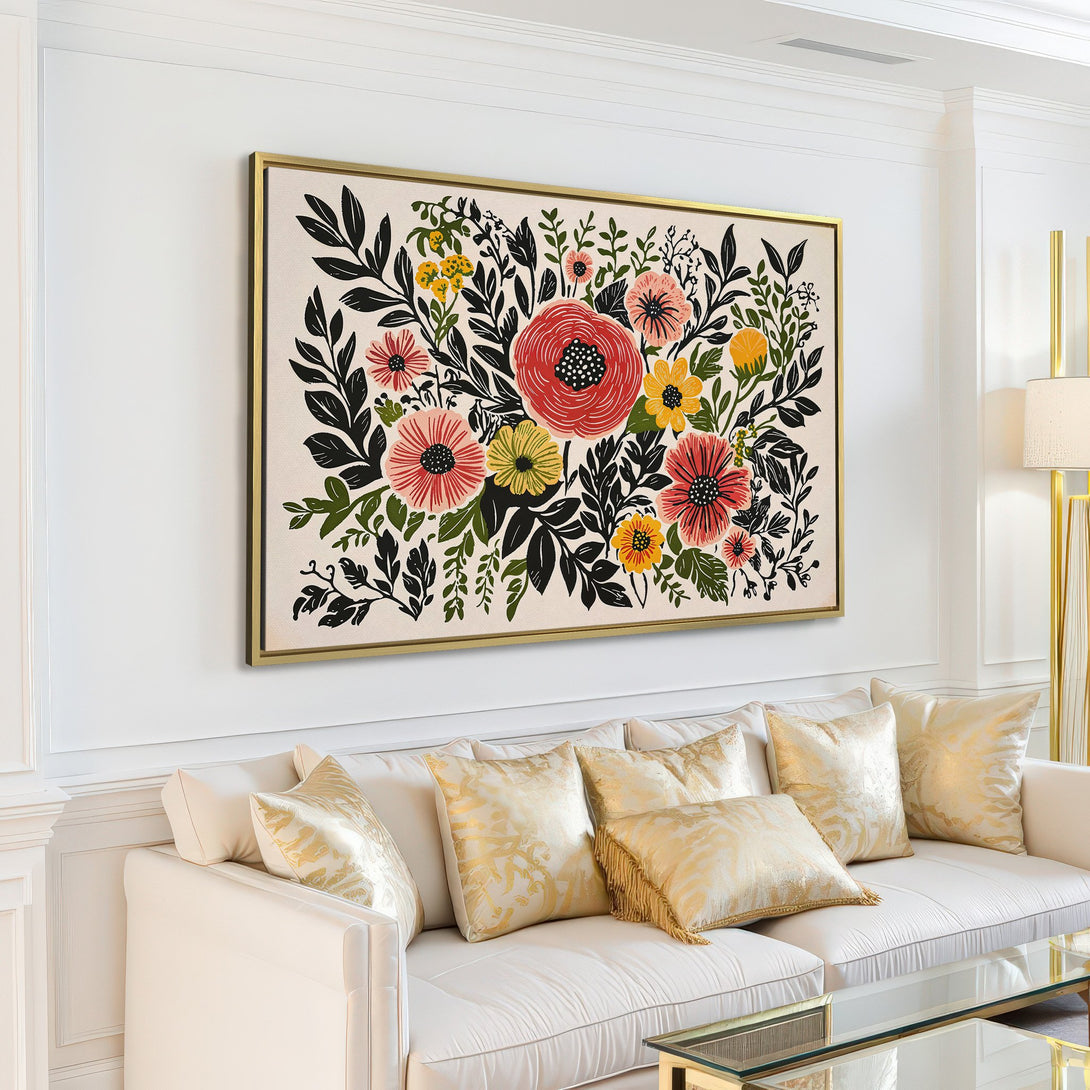 Canvas Print featuring a vibrant floral design in a modern, minimalist interior. Bold red, yellow, and black colors add a pop of art to any space.