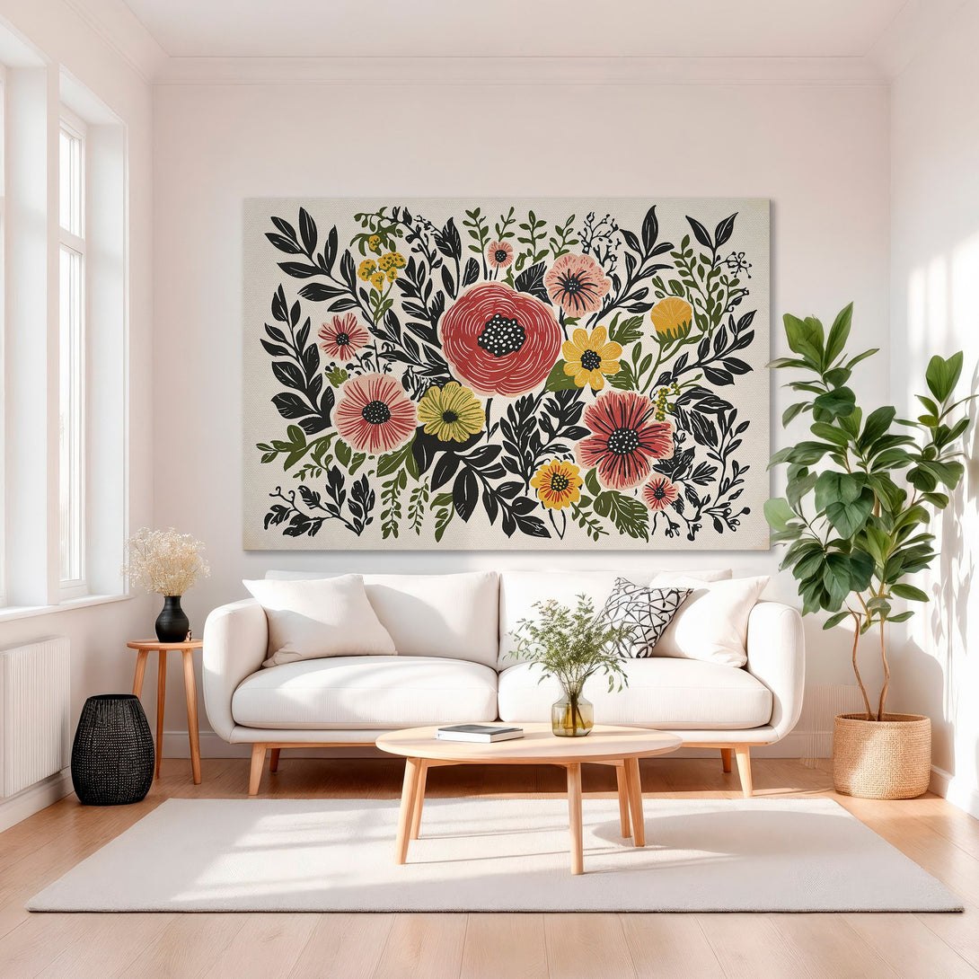 Framed Wall Art: Floral Canvas Print in a modern interior. Features a vibrant floral design with red, yellow, and black hues. Perfect for adding a pop of color!