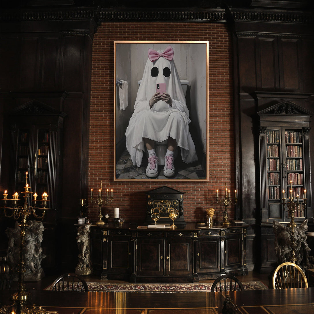 Framed Wall Art: Whimsical ghost using phone in a bathroom, pink bow & sneakers. Dark, gothic interior with brick wall. Modern art for home decor.