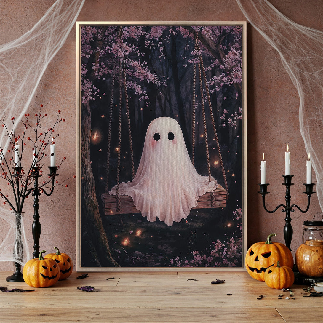 Framed Wall Art featuring a whimsical ghost on a swing in a dark forest, with pink blossoms. Halloween decor with a moody, fairytale-like aesthetic.