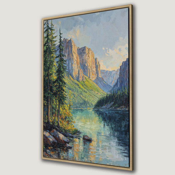 Framed Wall Art: Majestic mountain lake landscape painting in vibrant blues, greens, and warm orange hues. Perfect for adding a touch of nature to your home.