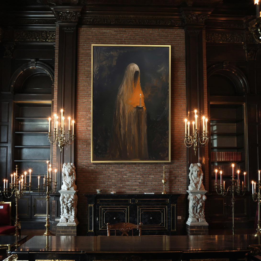 Canvas Print: Spooky art featuring a cloaked figure with a candle, dark and moody style, warm orange and black palette. Perfect Halloween decor.