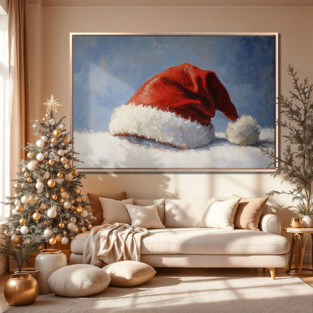 Framed Wall Art: Festive Santa hat painting in a warm, inviting interior. Featuring a red, white, and blue color palette, perfect for holiday decor.