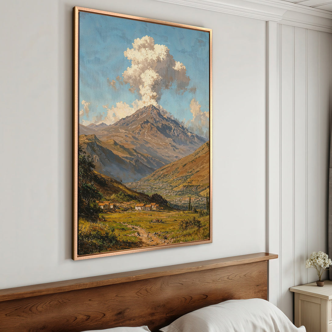 Framed Wall Art of a mountain landscape in a classic style. Earthy tones and blue sky create a serene and timeless aesthetic for your home decor.