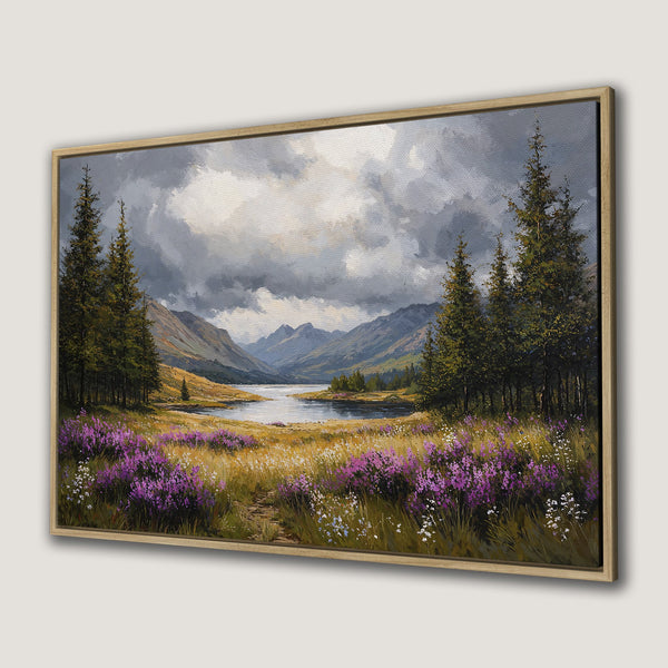 Framed Wall Art: Landscape Canvas Print of a serene lake scene with mountains, trees, and purple wildflowers. Earthy tones with a touch of vibrant color.