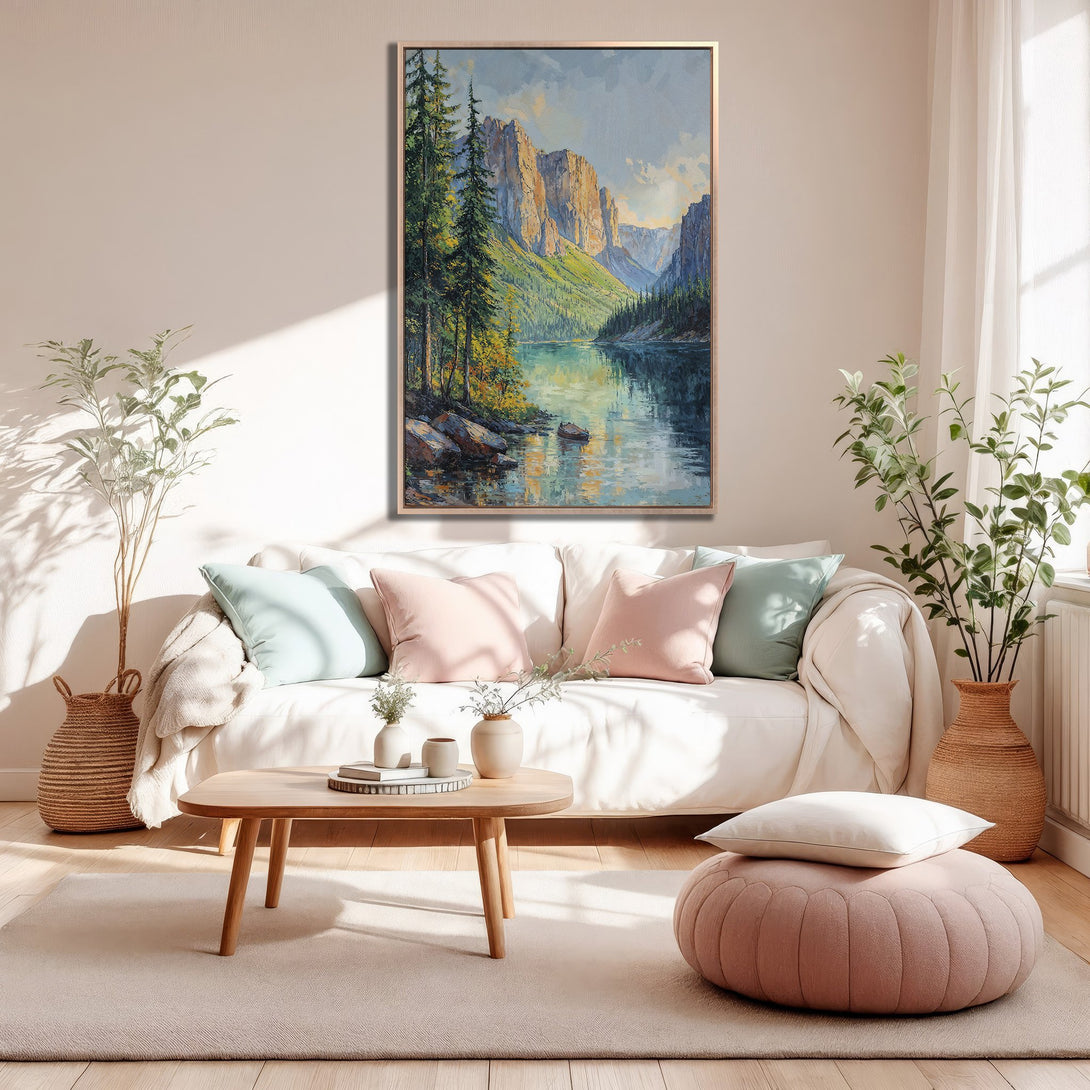Framed Wall Art: Landscape painting of mountains and lake in a living room. Featuring a warm, neutral color palette with pink and green accents.