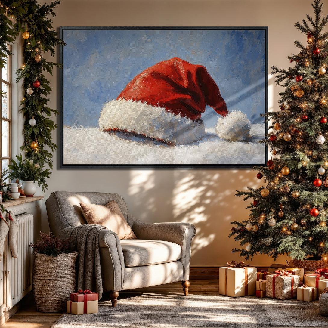 Framed Wall Art: Festive Santa hat painting in a cozy Christmas scene. Red, white, and blue color palette. Perfect holiday decor!
