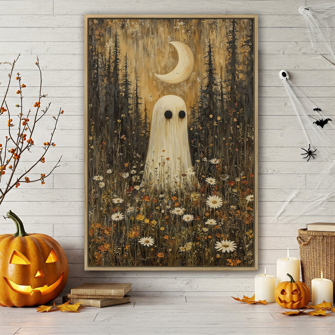 Framed Wall Art: Spooky ghost in a field with a moon. Rustic style, warm autumnal color palette. Perfect Halloween decor!